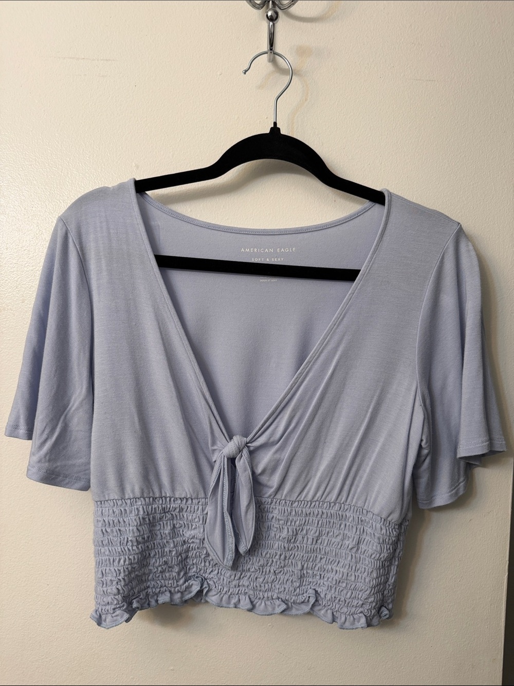 American Eagle Outfitters Light Blue Tie-Front Smocked Crop Top